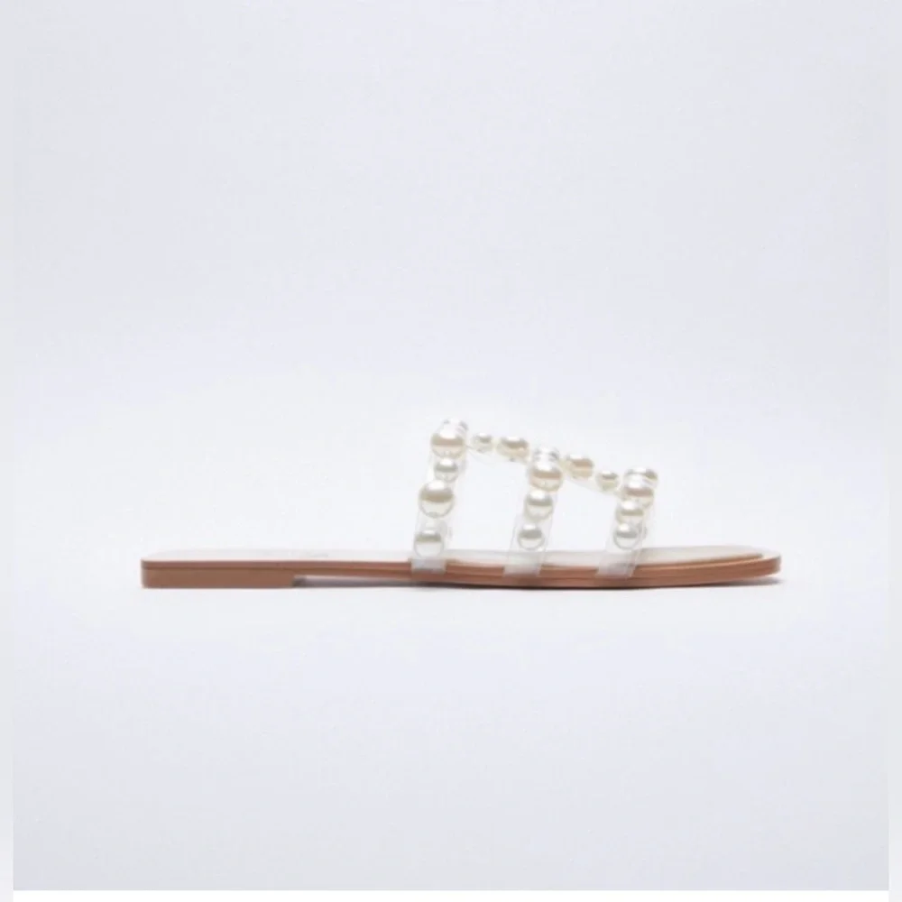Zara Tan Pearl Embellished Sandals, Size 37(7) - Picture 2 of 10